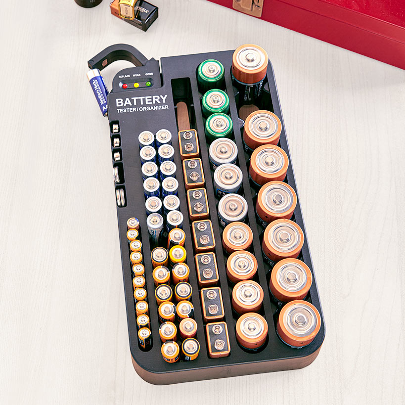 Battery Tester and Organizer Holds Up To 72 Various Size Batteries