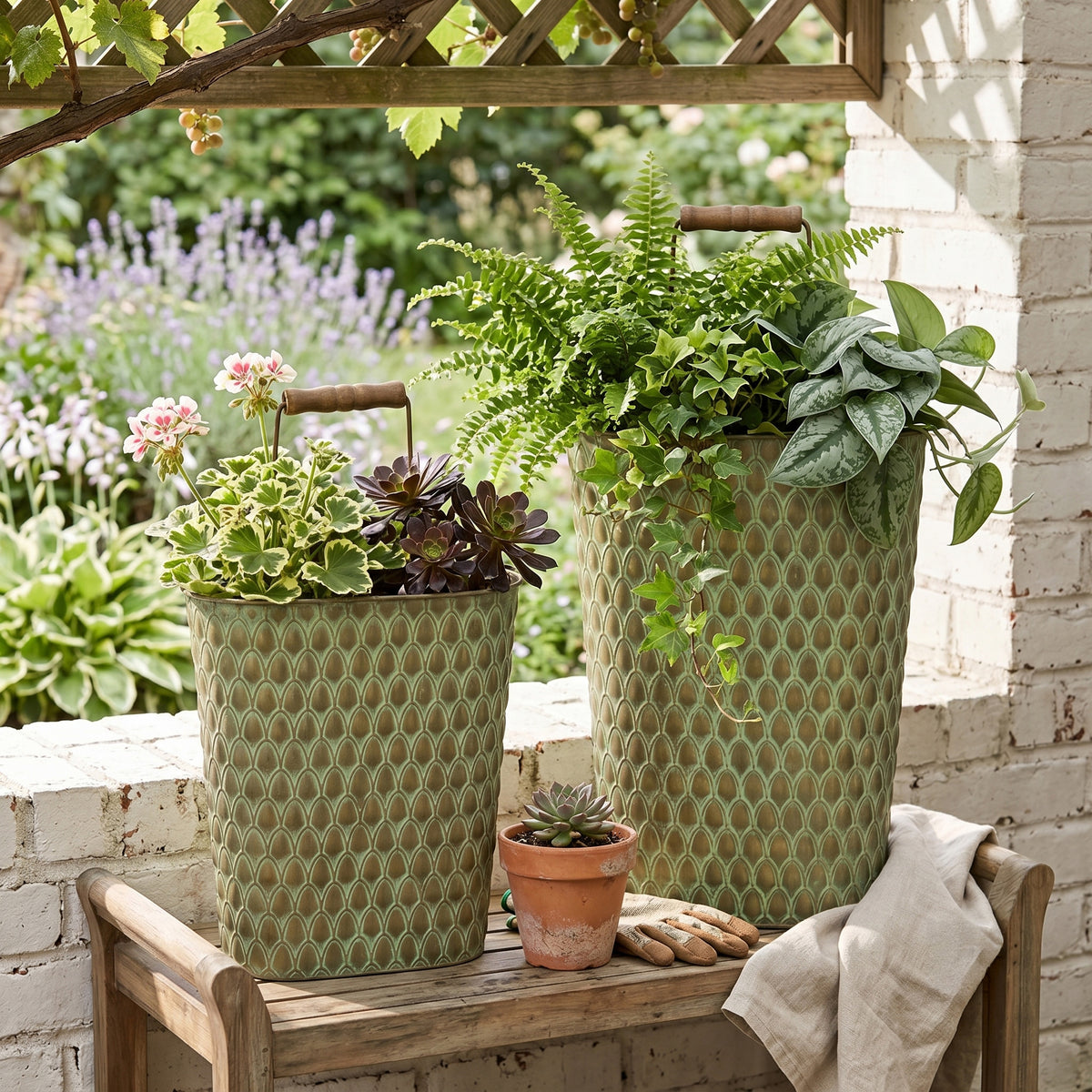 S/2 Textured Green Iron Hanging Planters with Arched Handles - image 5