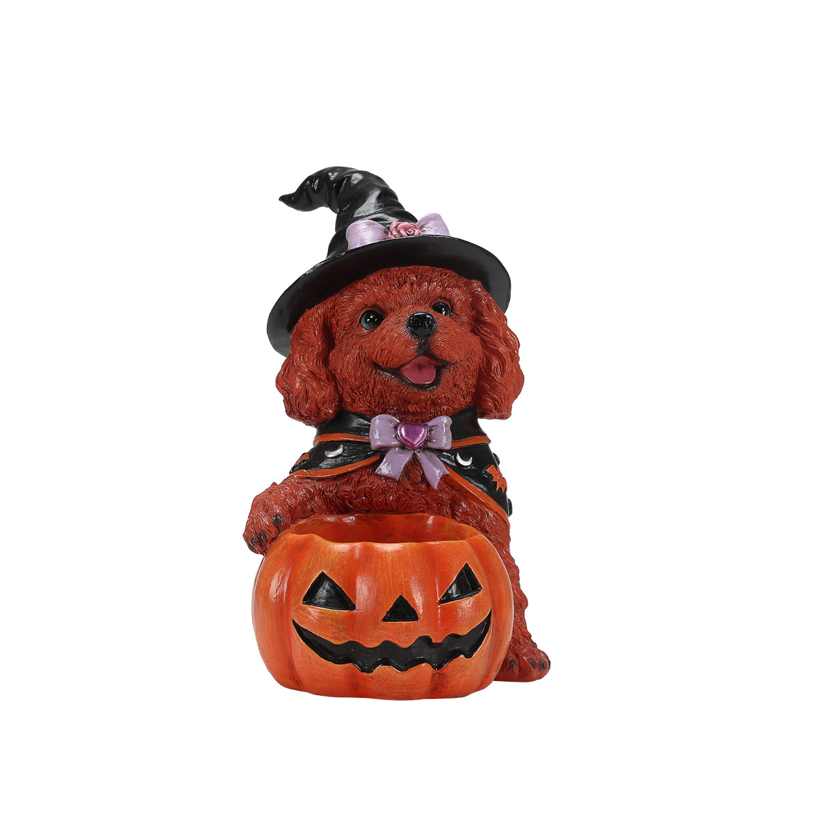 Halloween Brown Teddy Dog Witch Figurine, Cute Puppy Holding Pumpkin Candy Bowl Decoration - image 4