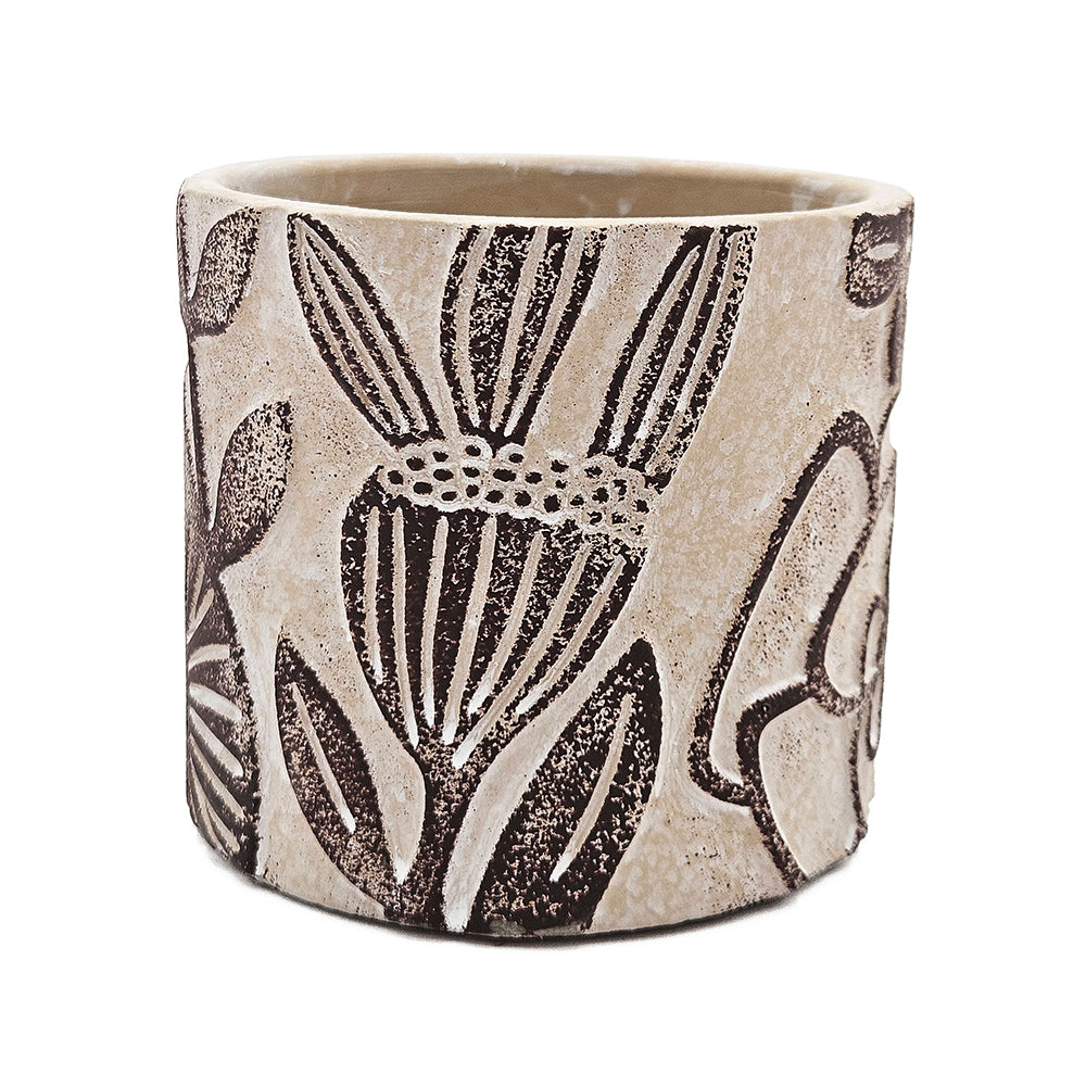 Set of 4 4.3x4.3x4" Gray Sand and Cement Planters with Brown Botanical Motifs - image 10