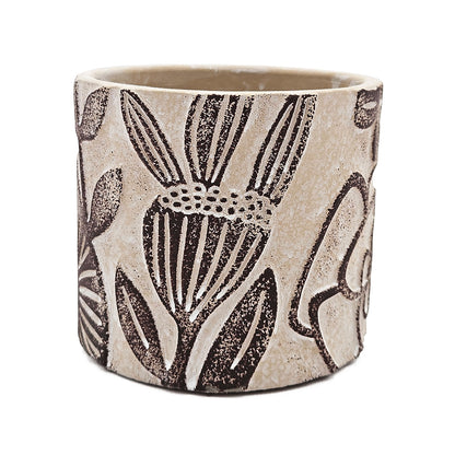 Set of 4 4.3x4.3x4" Gray Sand and Cement Planters with Brown Botanical Motifs - image 10