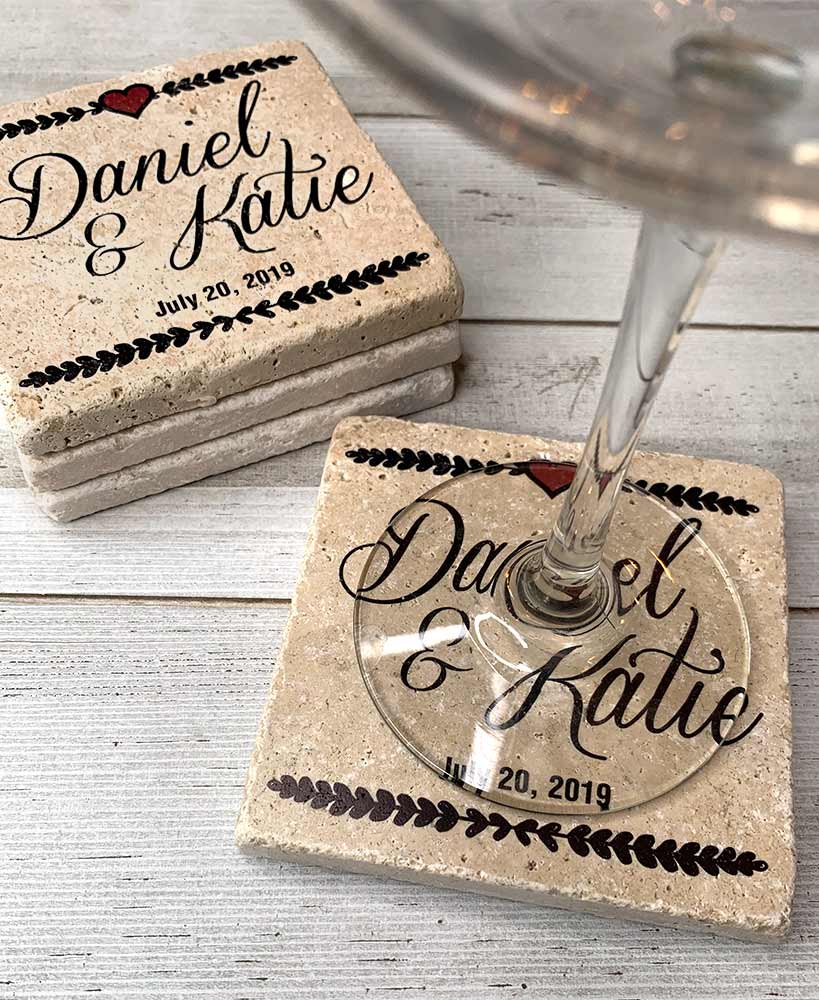 Personalized Wedding Travertine Stone Coaster Set of 4