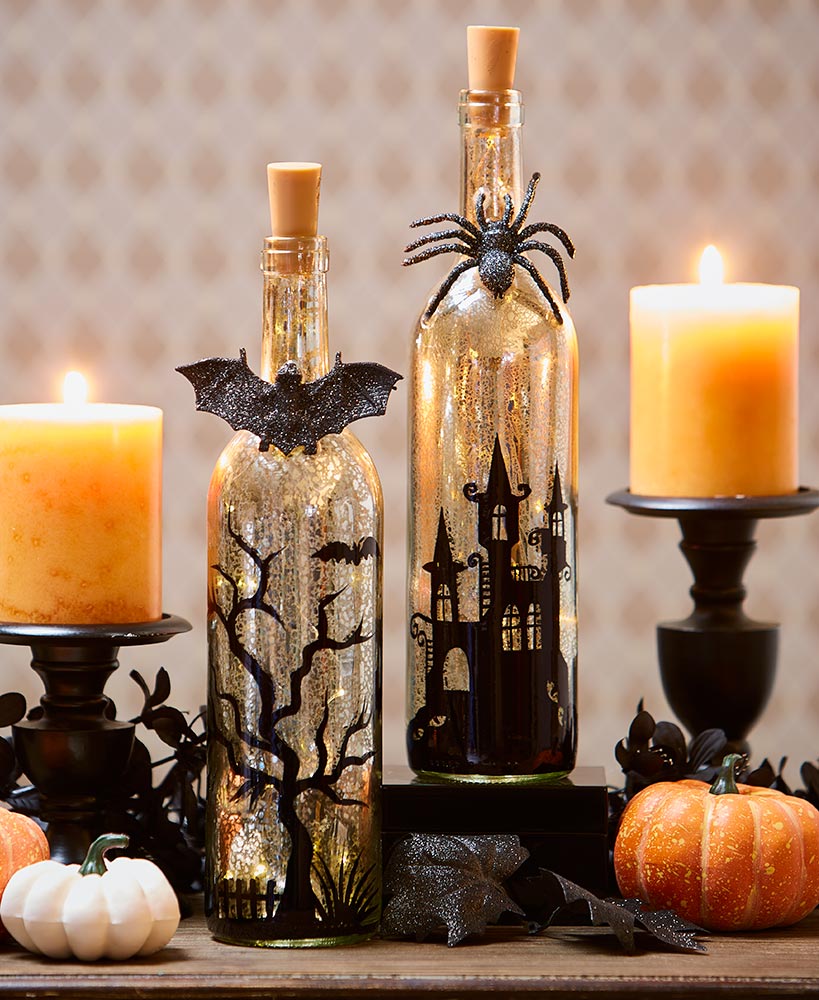 Lighted Halloween Mercury Glass Bottles