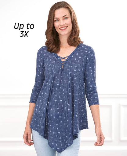3/4-Sleeve Thermal Camo Tunic with Lace-Up Neck