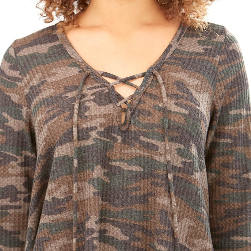 3/4-Sleeve Thermal Camo Tunic with Lace-Up Neck
