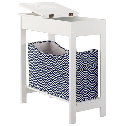 Narrow Wood Side Table with Flip-Top and Fabric Storage Bin