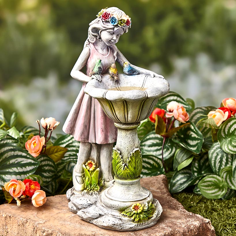 Solar Girl Bird Bath with LED Lights
