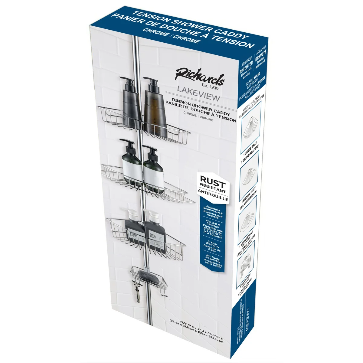 4 Tier Rustproof Shower Caddy Corner Organizer With Adjustable Shelves and Tension Pole