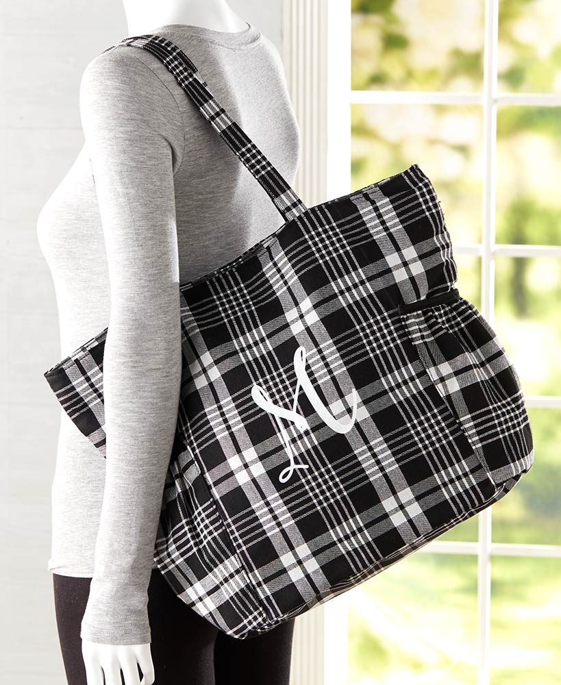 Monogram Plaid Tote Bag with Pockets#select-monogram_t