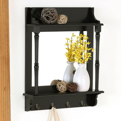 Farmhouse Wall Organizer Mirror with Hooks and 2 Shelves