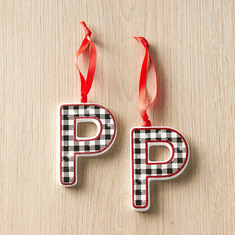 Sets of 2 Buffalo Plaid Monogram Ornaments