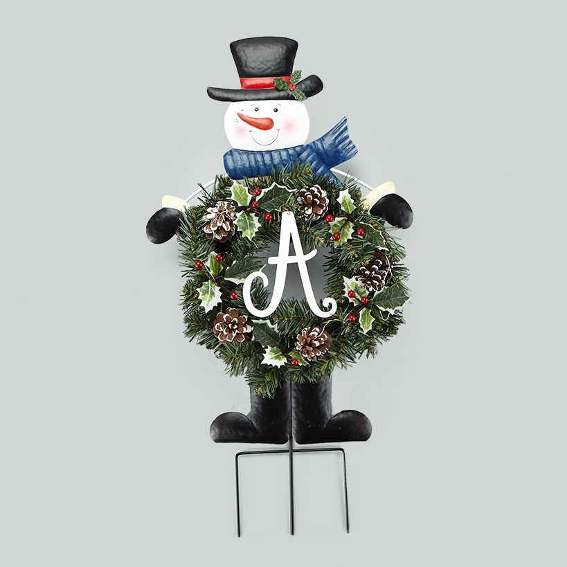 Solar Snowman Stake with Monogram Wreath