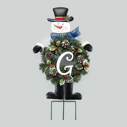Solar Snowman Stake with Monogram Wreath