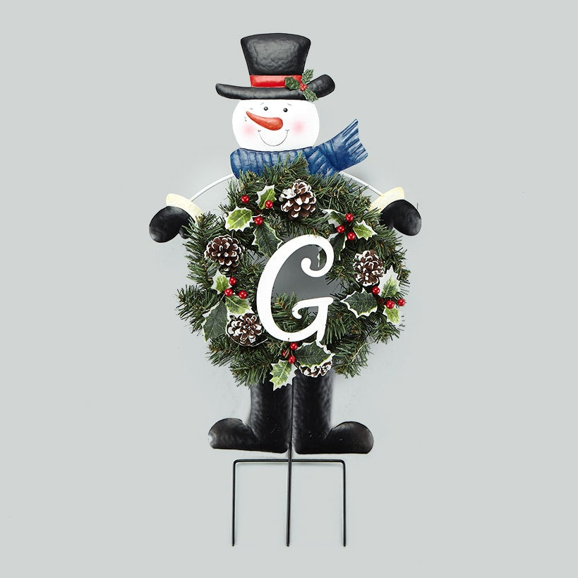Solar Snowman Stake with Monogram Wreath