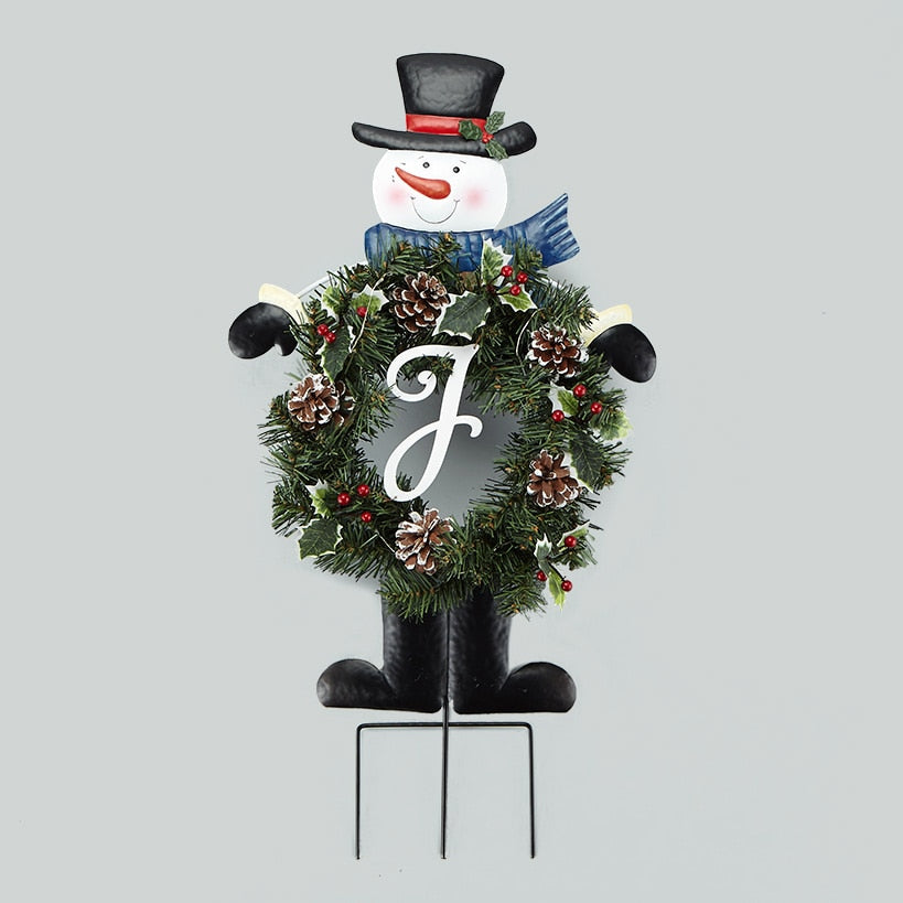 Solar Snowman Stake with Monogram Wreath