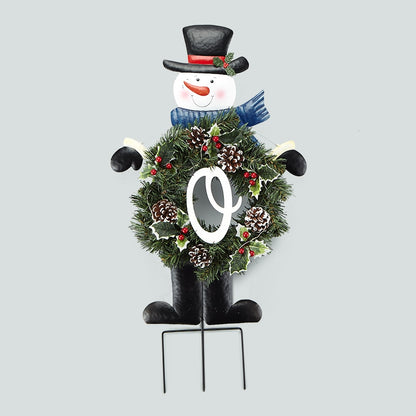Solar Snowman Stake with Monogram Wreath