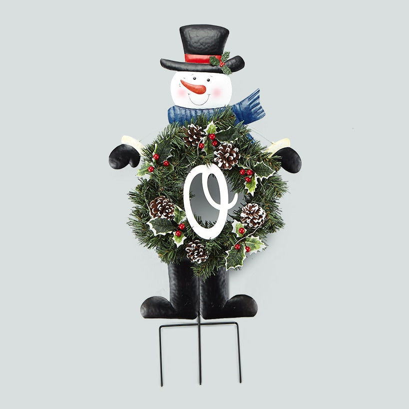 Solar Snowman Stake with Monogram Wreath