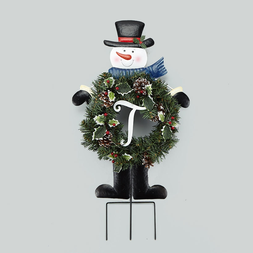Solar Snowman Stake with Monogram Wreath