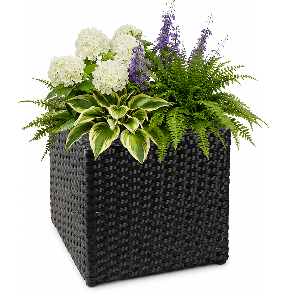 SOLHOME 11" Black Cubic Planter Box, Resin Wicker Plant Pot with Insert – Indoor Outdoor Decorative Square Planter for Patio, Porch, or Entryway