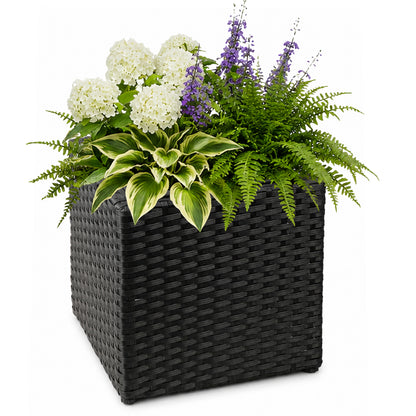 SOLHOME 11" Black Cubic Planter Box, Resin Wicker Plant Pot with Insert – Indoor Outdoor Decorative Square Planter for Patio, Porch, or Entryway