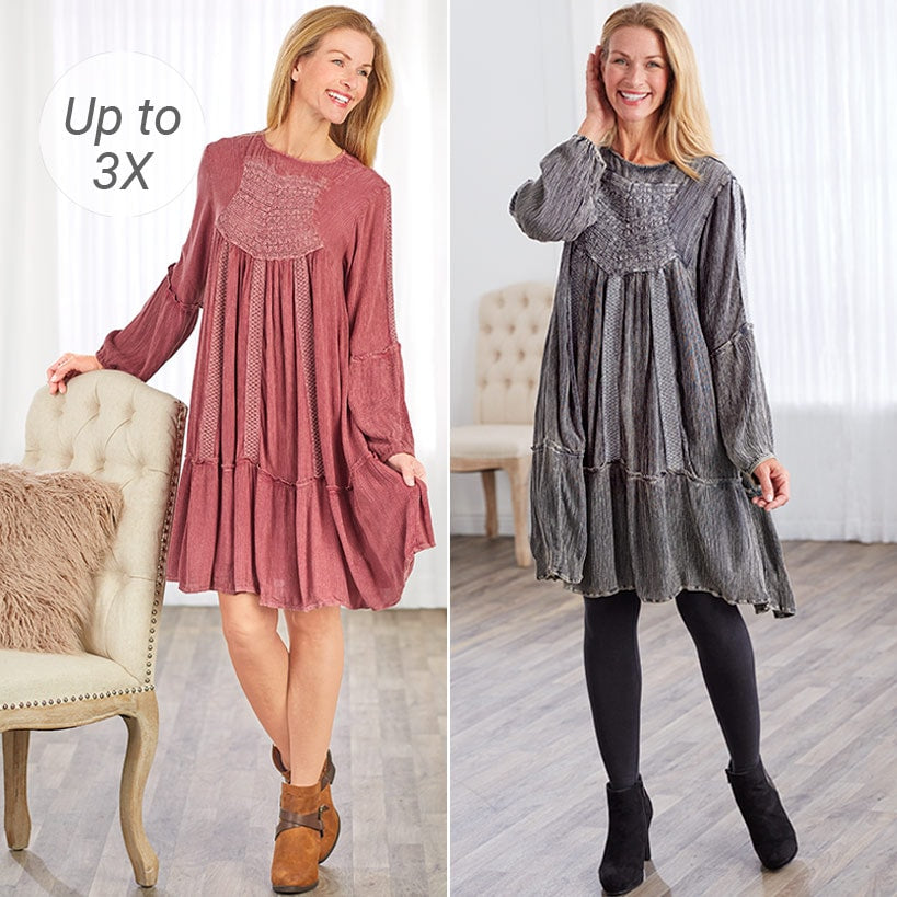 Vintage Wash Lace Trim Swing Dresses