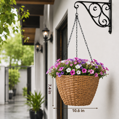 SOLHOME 10.6" Resin Wicker Set of 2 Hanging Planters with Steel Frame – Indoor Outdoor Plant Holders with Steel Hangers and PE Liner - image 2