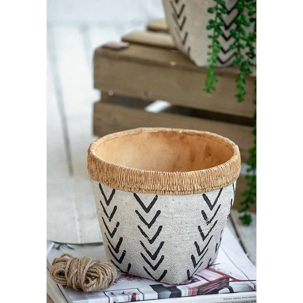Set of 2 White and Brown Cement Planters with V Pattern, L:D10x8"  S:D8x6.5" - image 7