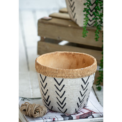Set of 2 White and Brown Cement Planters with V Pattern, L:D10x8"  S:D8x6.5" - image 7