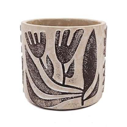 Set of 4 4.3x4.3x4" Gray Sand and Cement Planters with Brown Botanical Motifs - image 6