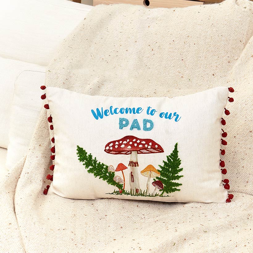 Mushroom Garden Embroidered Decorative Pillow#select-pillow_welcome-to-our-pad