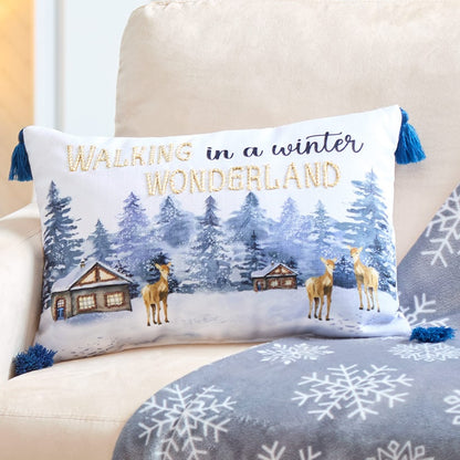 Blue Christmas Embroidered Winter Wonderland Accent Pillow