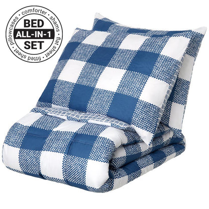 Blue Plaid Reversible Queen or King Complete Comforter Set