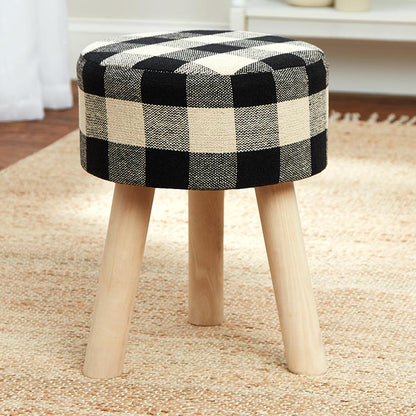 Buffalo Check Round Footstool Ottoman with Wood Legs - 16"H