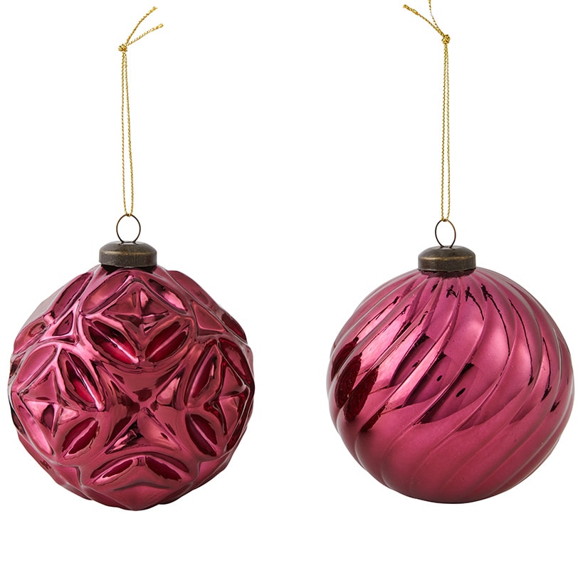Set of 2 Burgundy Patterned Ball Ornaments