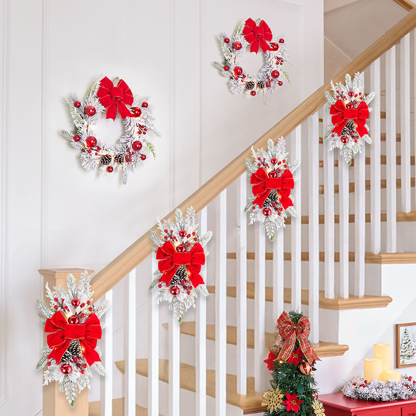 Christmas Frosted Pine Wreath or Stair Swag with Red Bows