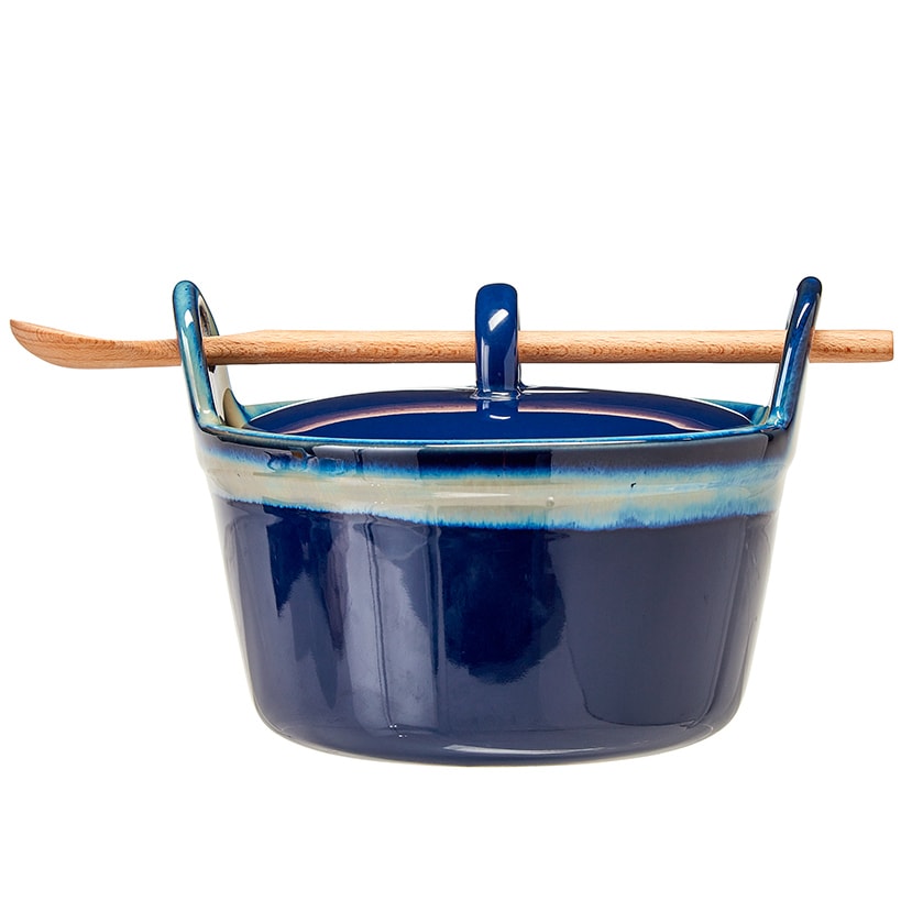 Stoneware Casserole Dish with Wooden Spoon