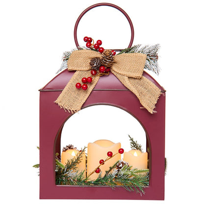 Christmas Country Red Lantern With LED Candle Trio