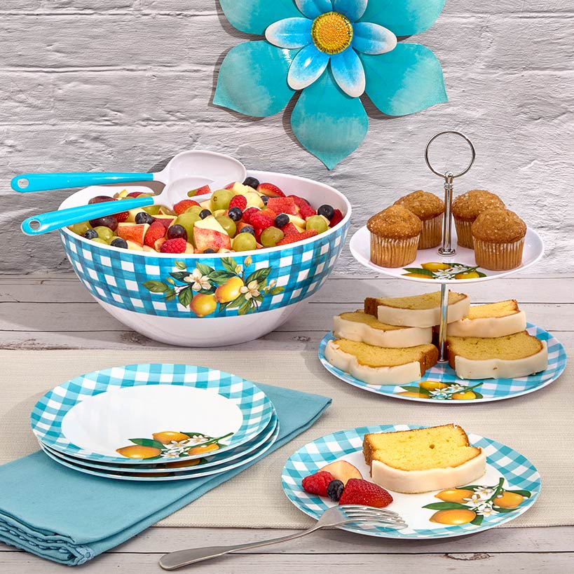 Citrus Chic Blue Plaid and Lemon Print 2-Tier Serving Tray