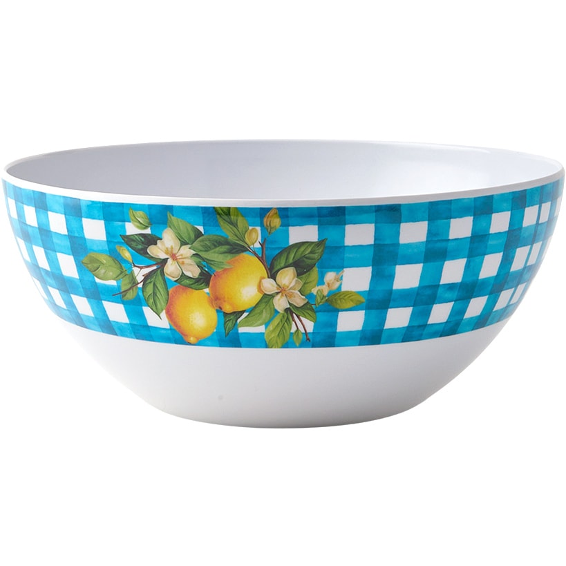 Citrus Chic Blue Plaid and Lemon Print Melamine Salad Bowl with Utensils