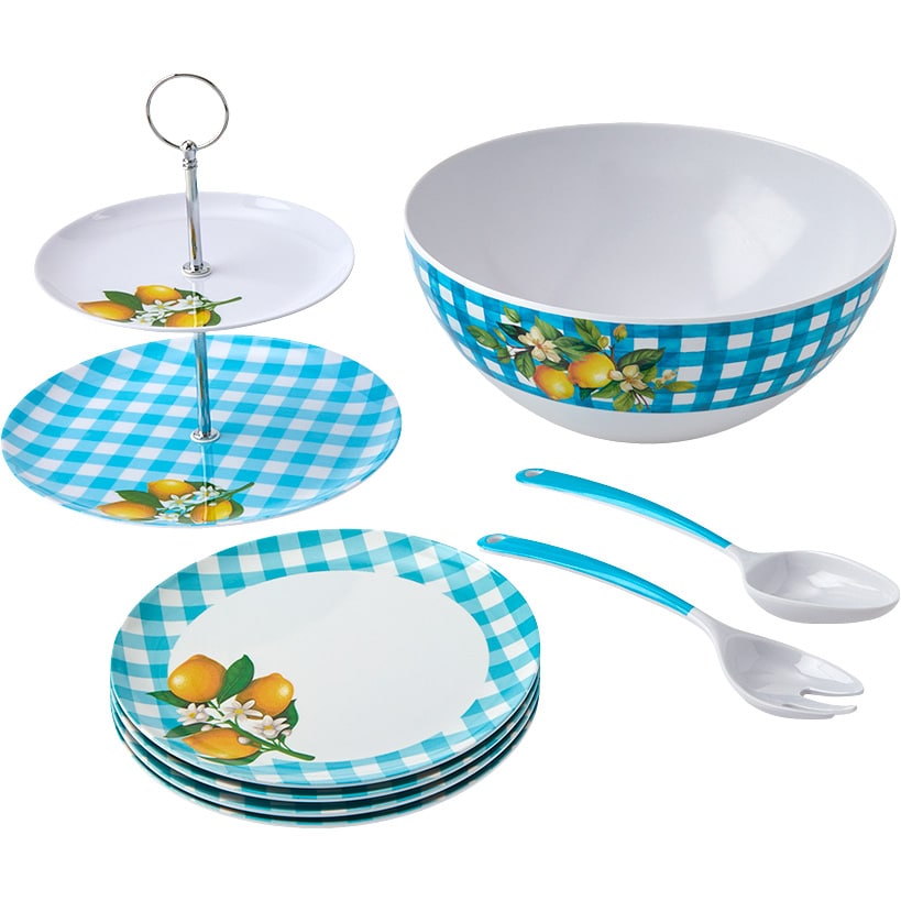Citrus Chic Blue Plaid and Lemon Print Melamine Dessert Plates