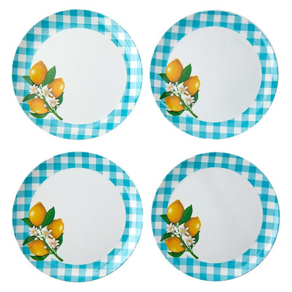 Citrus Chic Blue Plaid and Lemon Print Melamine Dessert Plates