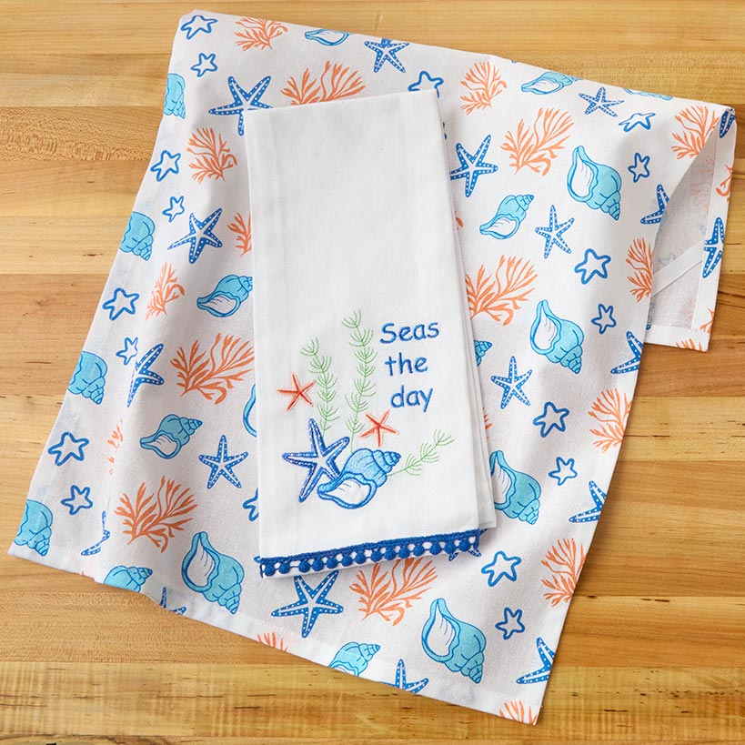 Coastal Themed Embroidered Kitchen Towels, Set of 2#select-towel_seas-the-day