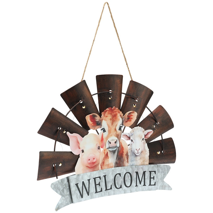 Welcome Windmill Sign With Farm Animals And LED Lights Hanging Decor