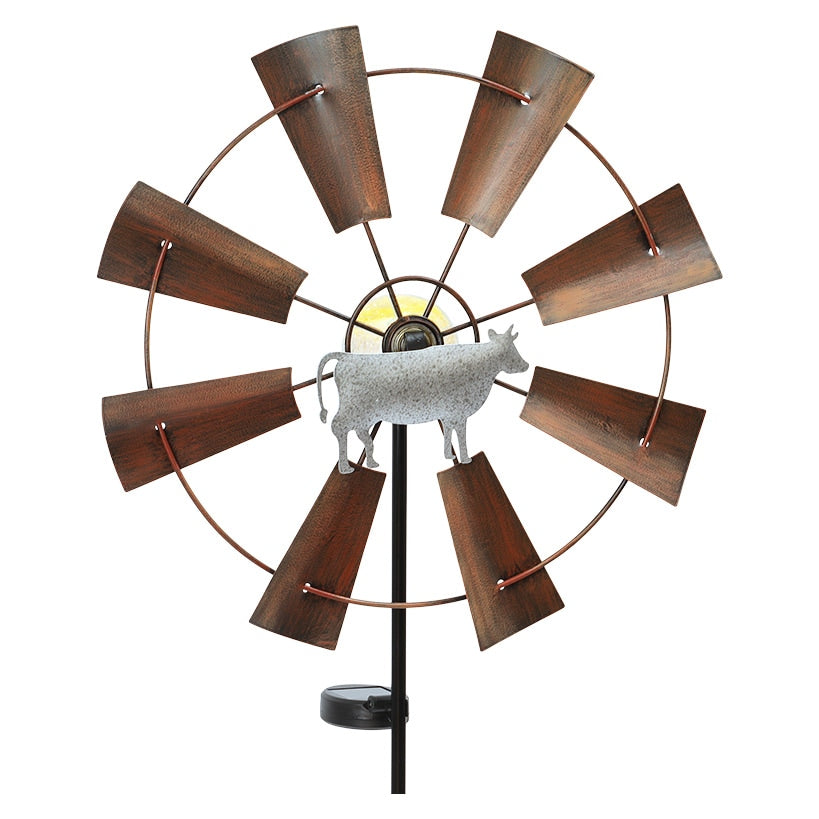 Wind Spinner Country Windmill With Cow Motif Garden Stake