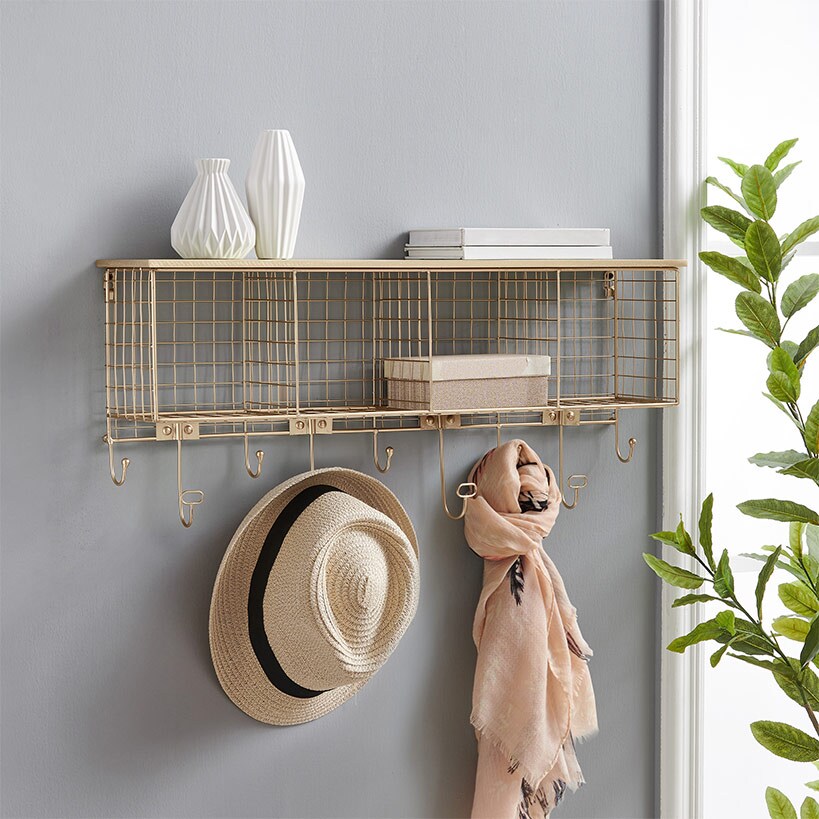 Four Cubby Wall Shelf with Hooks#select-color_gold