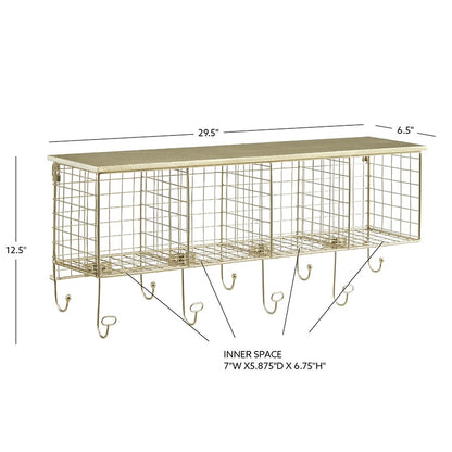Four Cubby Wall Shelf with Hooks