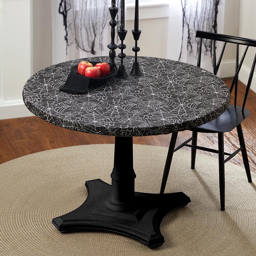 Round Custom Fitted Vinyl Tablecloth with Flannel Backing Halloween#select-tablecloth_spider-webs