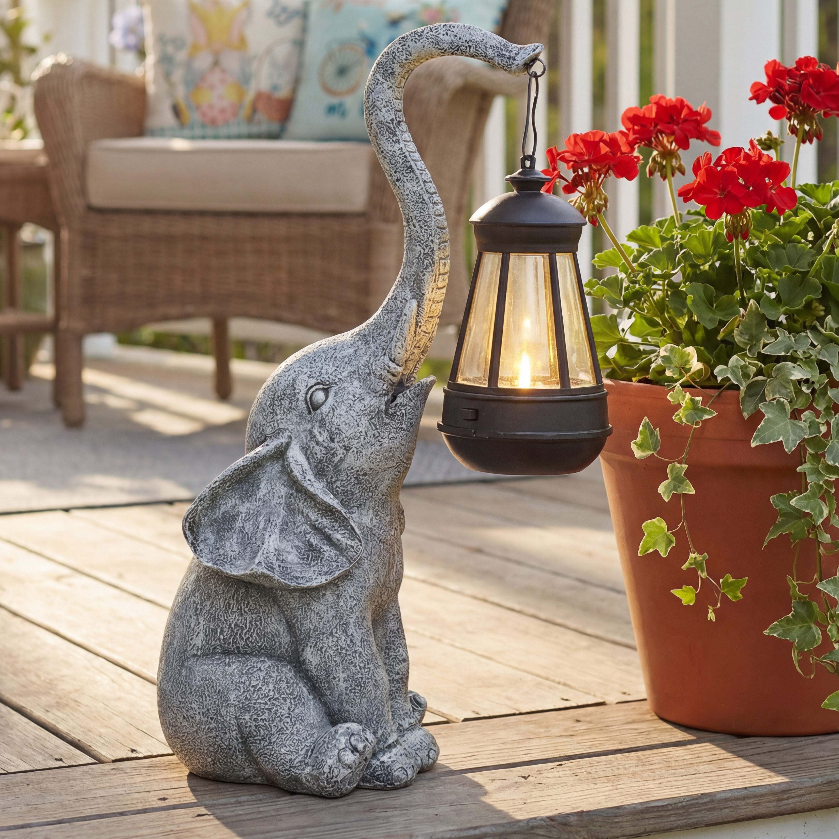 Elephant Garden Statue Decoration Solar Lighted With Lantern