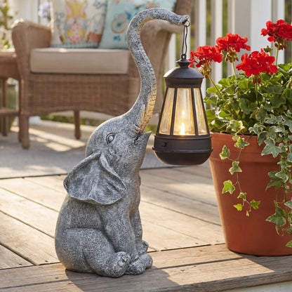 Elephant Garden Statue Decoration Solar Lighted With Lantern
