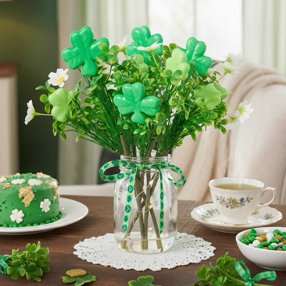 St Patrick's Fairy Light Vase With Green Shamrock Bouquet